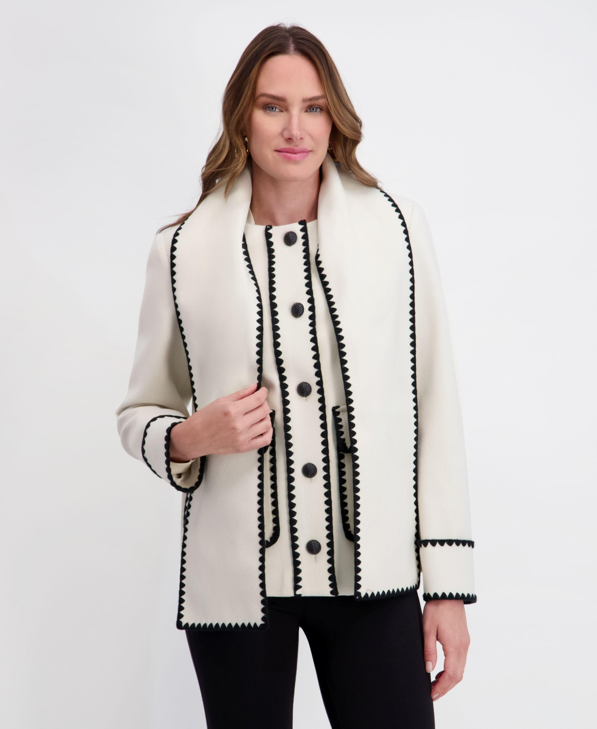 Kensie Women's Scarf Collar Faux Wool Jacket with Whipstitch Detail - Black/white | Macy's