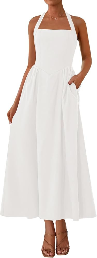 KIRUNDO Women Summer Sleeveless Halter Maxi Dress Sundress 2025 Casual Flowy Wedding Guest Cockta... | Amazon (US)