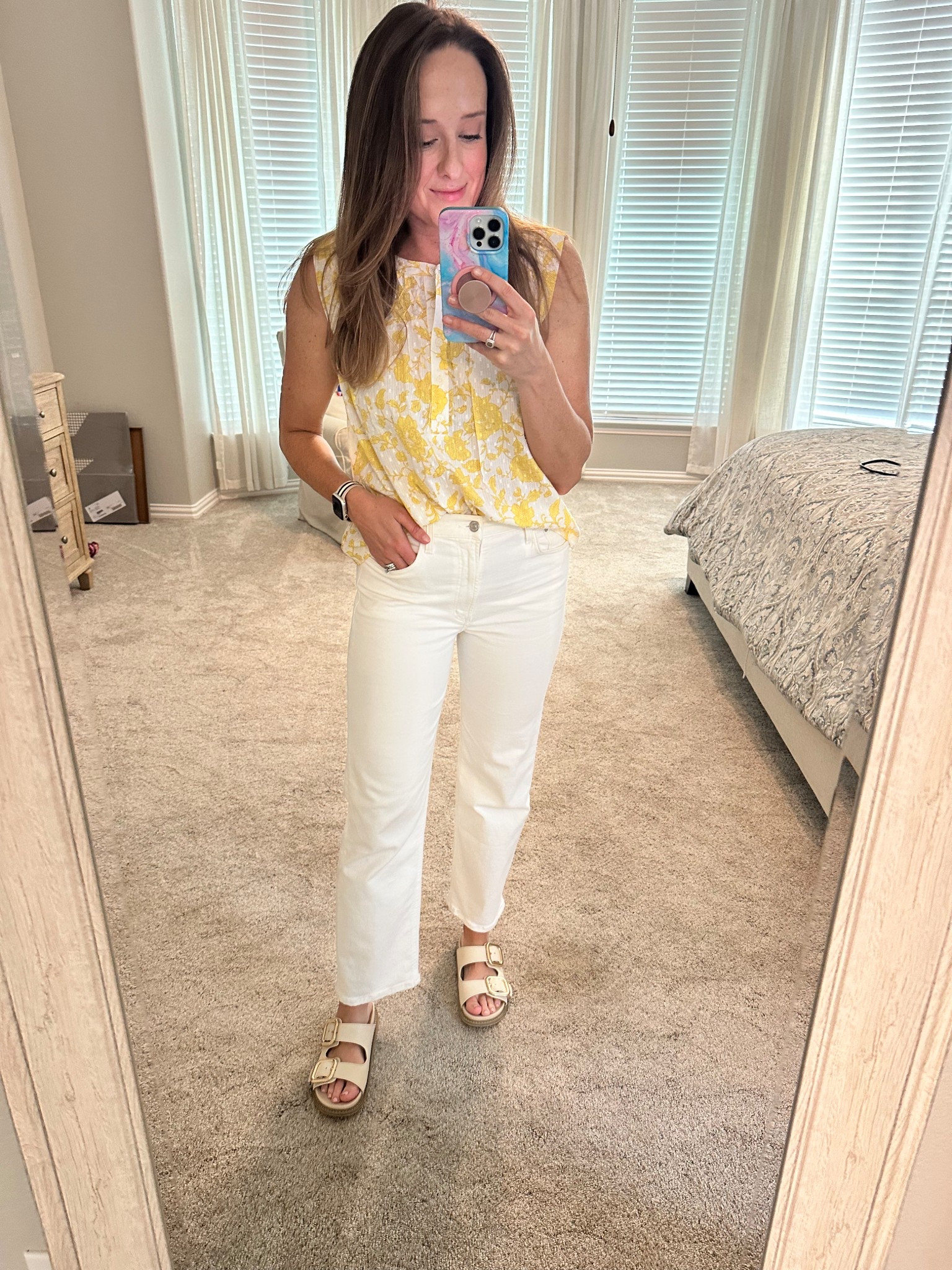 Perfect spring top from loft! 
Wearing a small 
Denim is a splurge from citizens and I sized down to a 4! But they are the most flattering white denim I have ever had and I love that they are more off white not a bright white! 
Sandals from target 