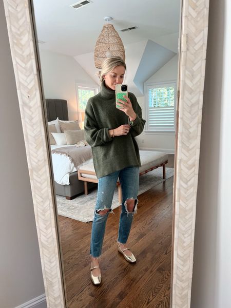 Fall outfit 
•cozy turtleneck sweater is 25% off with code FAM25 // size small & several colors 
•jeans are old Levi’s 501s, linked similar 
•gold ballet flats fit tts 

#LTKfindsunder100 #LTKSeasonal #LTKshoecrush