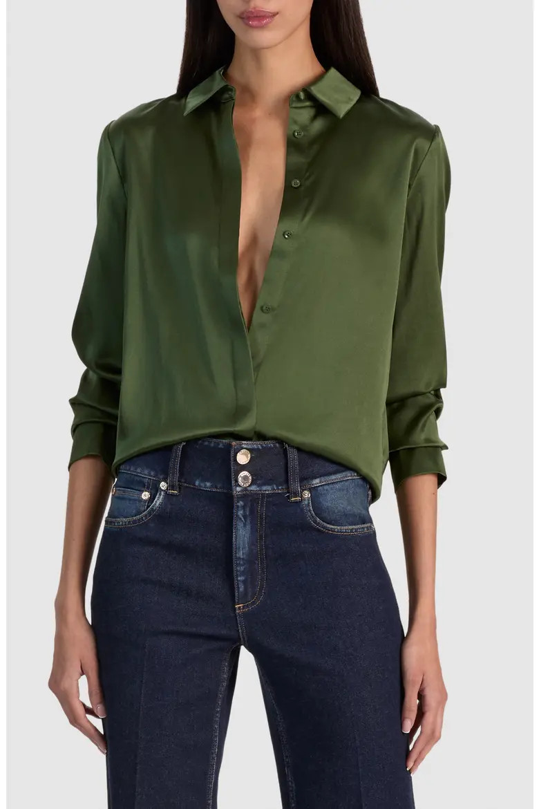 ALICE + OLIVIA Brady Slim Fit Stretch Silk Button-Up Shirt in Dark Fern at Nordstrom, Size X-Large | Nordstrom
