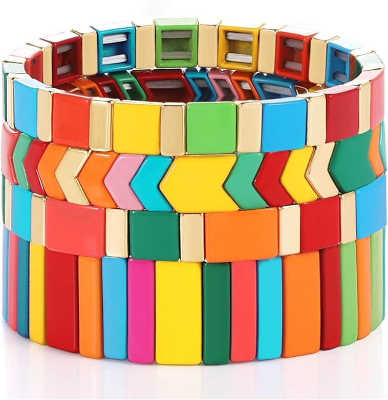 Rainbow Enamel Tile Bracelets for Women Men Multicolored Tile Bead Bracelets Stackable Colorblock... | Amazon (US)