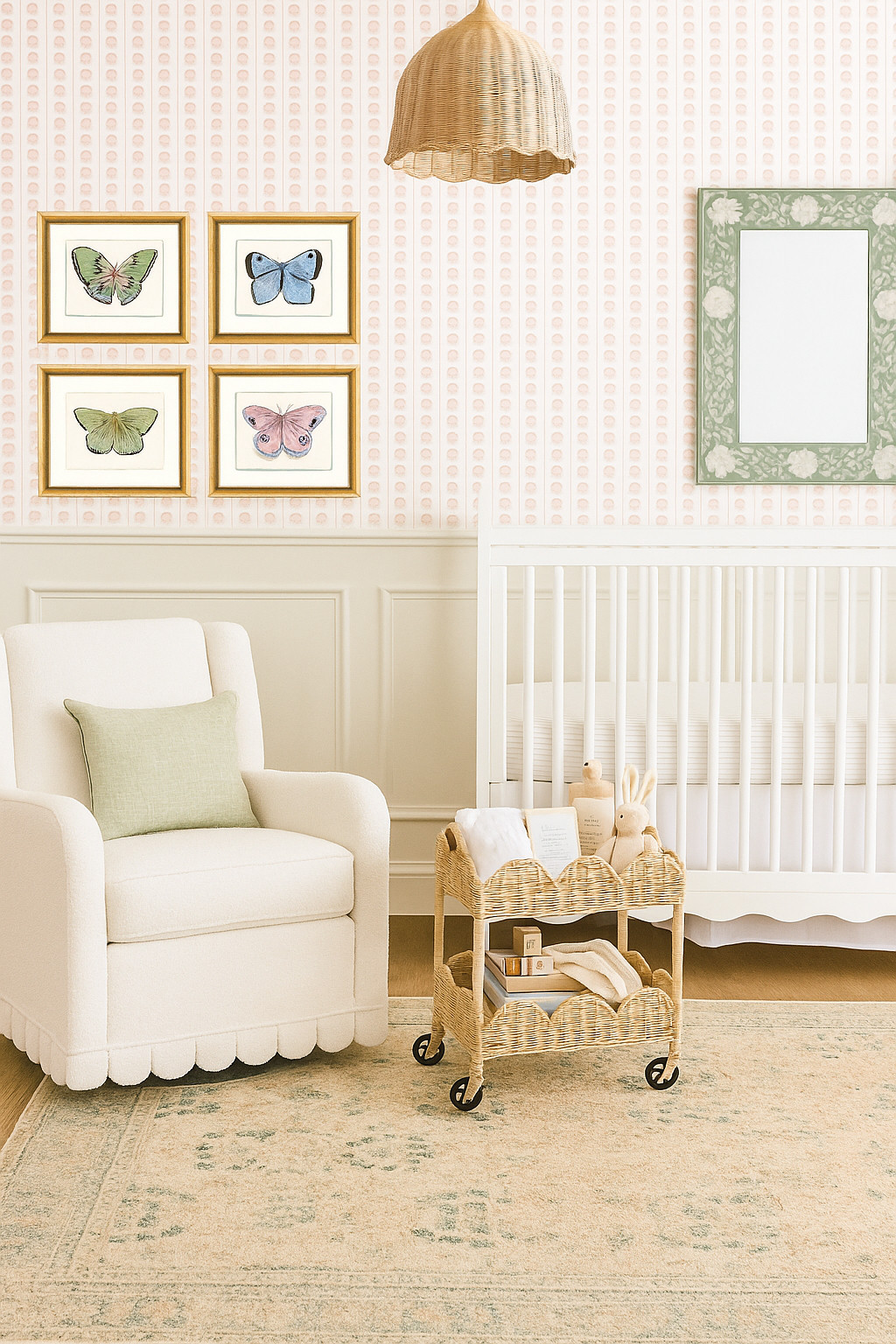wallpaper is from MindyServello.com
little girl nursery
nursery inspiration
baby girl nursery decor
butterfly art
rattan cart
nursery cart
white glider
feminine nursery
white and pink nursery
pink and green nursery 

 #LTKHome #LTKFindsUnder100 #LTKBaby