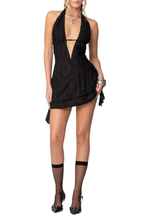 EDIKTED Shredded Open Back Plunge Minidress in Black at Nordstrom, Size X-Large | Nordstrom