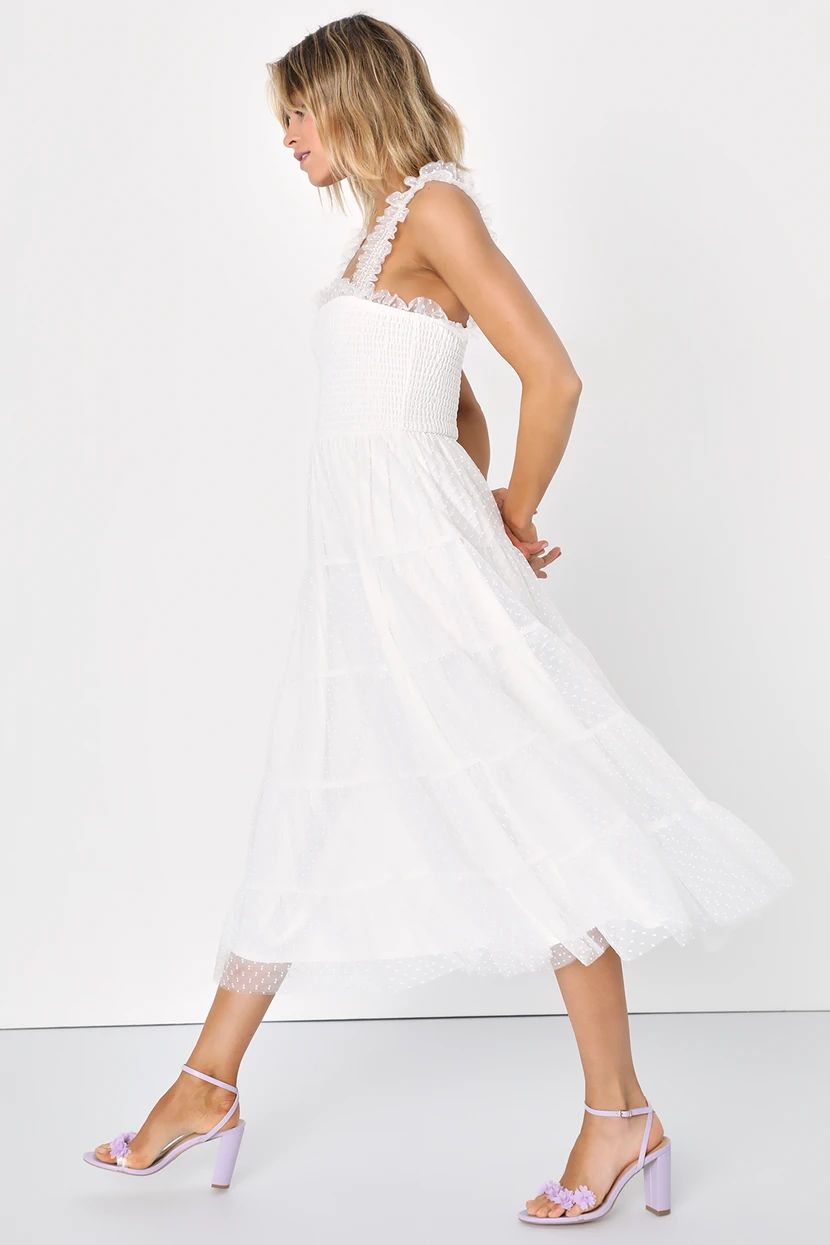 Darling Dancer White Swiss Dot Ruffled Tiered Midi Dress | Lulus (US)