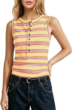 Yanekop Womens Striped Tank Tops Wide Strap Slim Fit Camisole Henley Neck Button Down Sleeveless ... | Amazon (US)