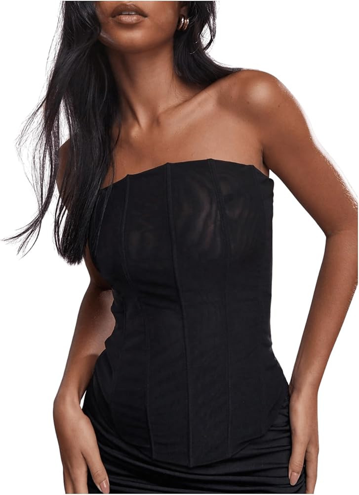 SHENHE Women's Vintage Strapless Boned Mesh Bustier Corset Top Bodyshaper Tube Top | Amazon (US)