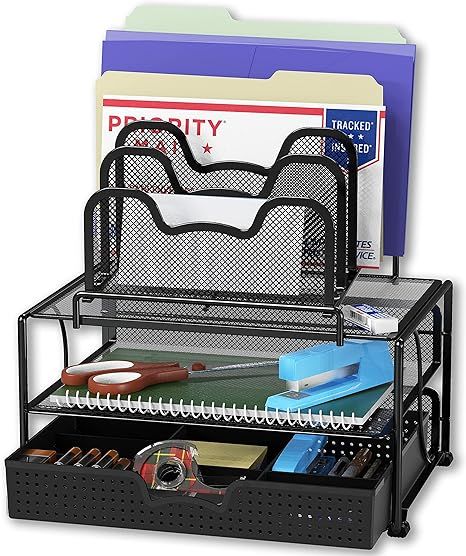 SimpleHouseware Mesh Desk Organizer with Sliding Drawer, Double Tray and 5 Stacking Sorter Sectio... | Amazon (US)