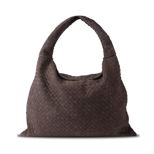 Vegan Leather Woven Tote Bag, Vintage Suede Hobo Bag, Suede Woven Purse, Large Leather Shoulder Bag Braided Handbag (Dark Brown-Large) | Amazon (US)