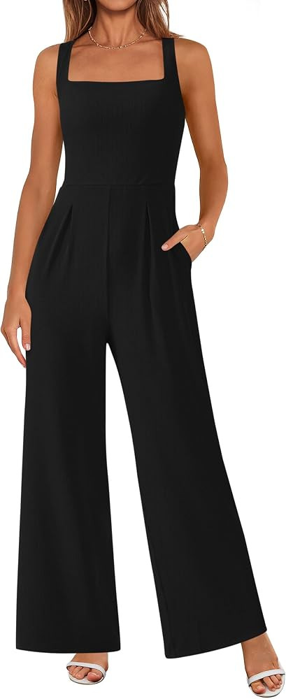 PRETTYGARDEN Summer Sleeveless Jumpsuits for Women Dressy Square Neck Wide Leg Pants Knitted One ... | Amazon (US)