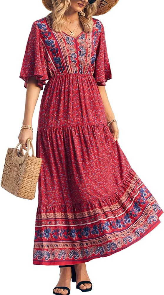 PRETTYGARDEN Women's Casual Summer Boho Floral Print Dress V Neck Short Sleeve High Waist Long Ma... | Amazon (US)