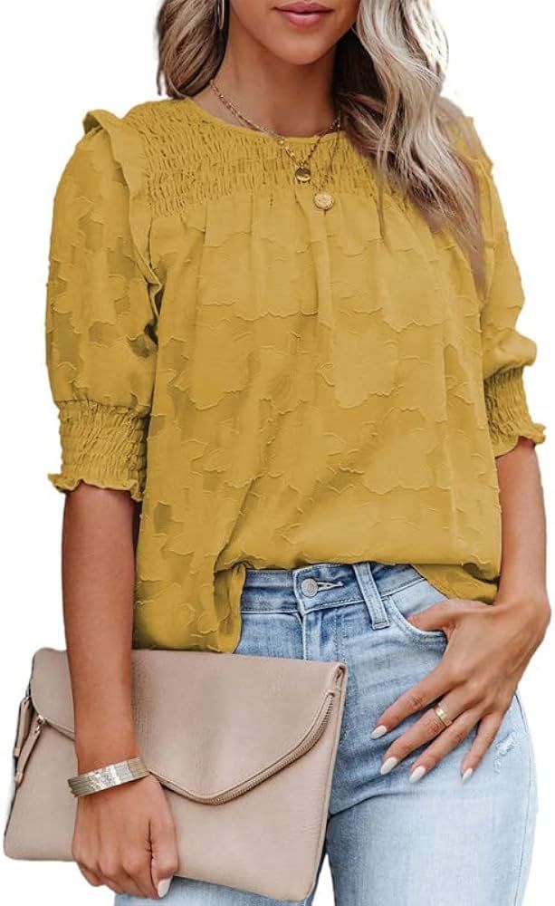 Dokotoo Womens Blouses Half Sleeve Shirred Tops Crewneck Lace Textured Flowy Casual Shirts | Amazon (US)