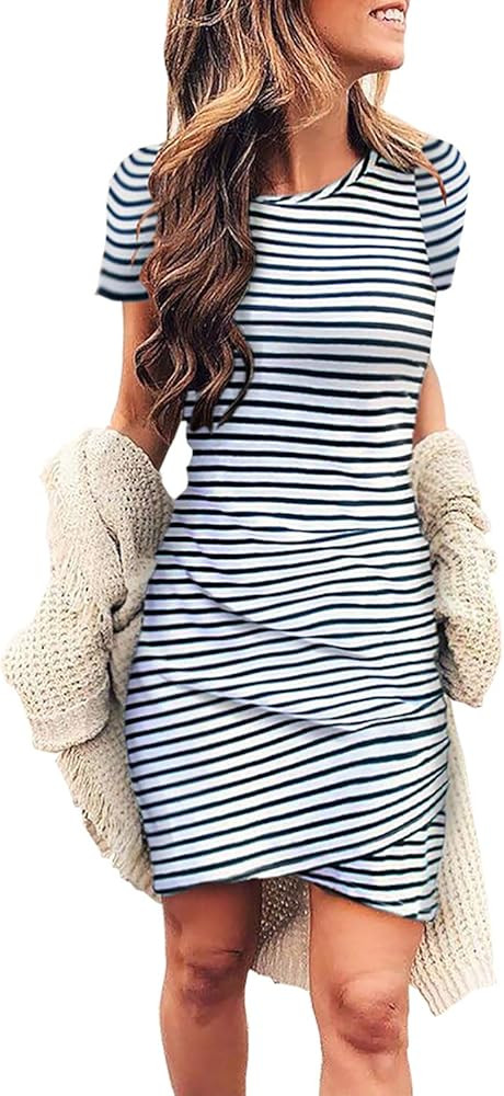 BTFBM Women's 2021 Casual Crew Neck Short Sleeve Ruched Stretchy Bodycon T Shirt Short Mini Dress | Amazon (US)