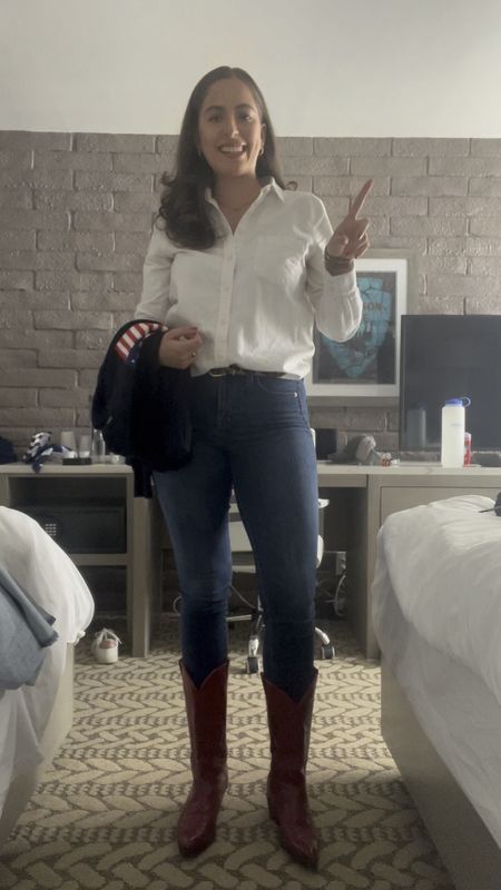 Fall outfit, fall fashion, jackson Wyoming, red cowgirl boots, cowgirl, white button down, American flag sweater, ralph Lauren, america flag sweater, navy sweater, madewell, jcrew

#LTKtravel #LTKSeasonal #LTKstyletip