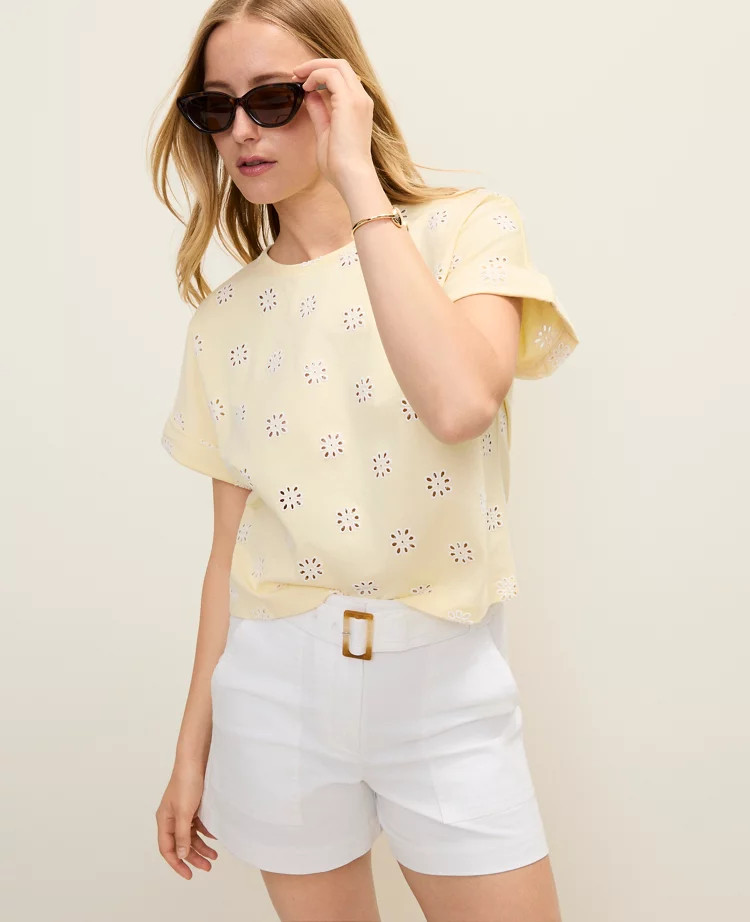 Weekend Eyelet Crew Neck Top | Ann Taylor