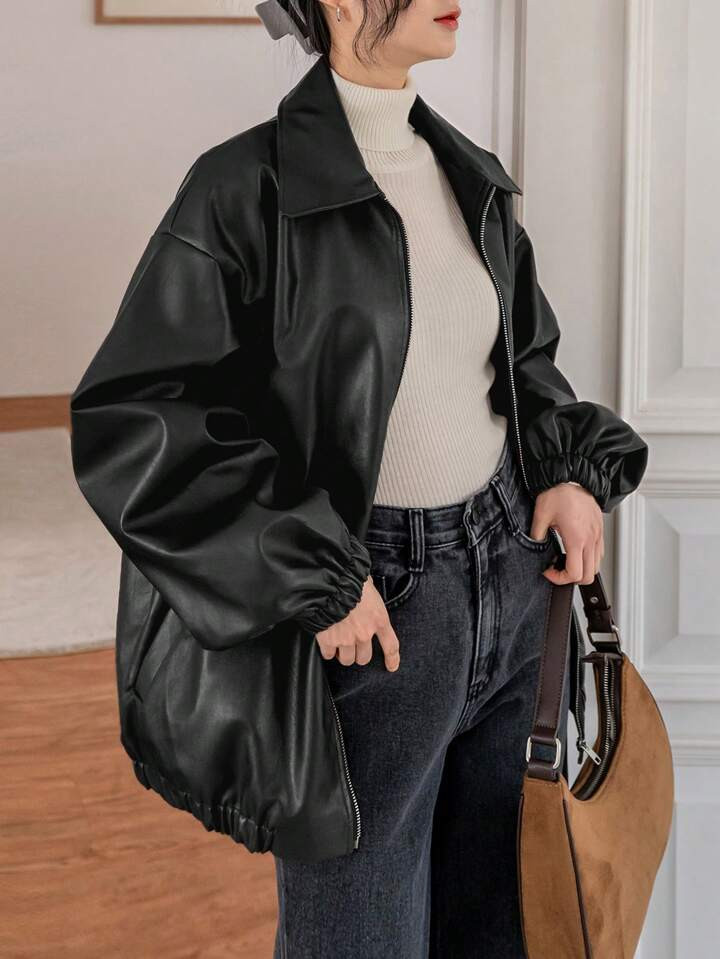 Dazy-Less Drop Shoulder Slant Pockets PU Jacket | SHEIN