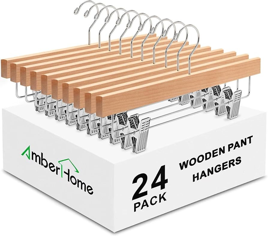 Amber Home 24 Pack Natural Wooden Pants Hangers with Clips, Wood Skirt Hangers Trouser Hangers fo... | Amazon (US)