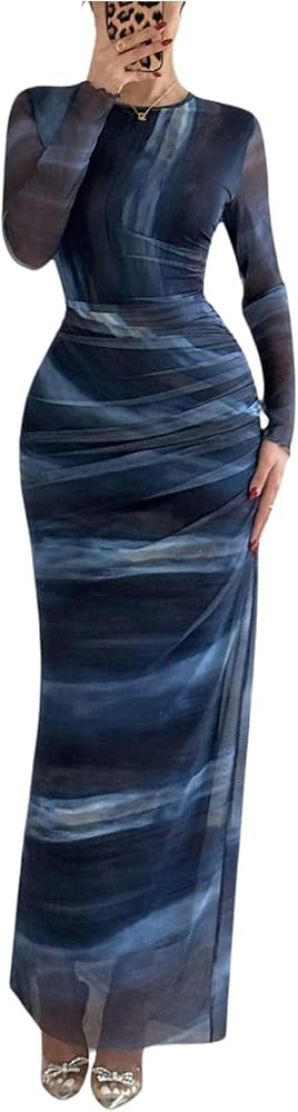 Women's Y2k Leopard Print Mesh Sheer Bodycon Maxi Dresses Cheetah Long Sleeve Elegant Formal Wedd... | Amazon (US)