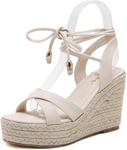 MAKEGSI Womens Jute-rope Middle Wedge Heel Summer Shoes Flip Sandals Lace Up | Amazon (US)