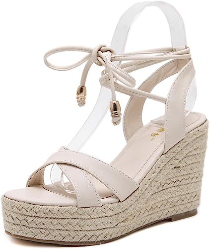 MAKEGSI Womens Jute-rope Middle Wedge Heel Summer Shoes Flip Sandals Lace Up | Amazon (US)