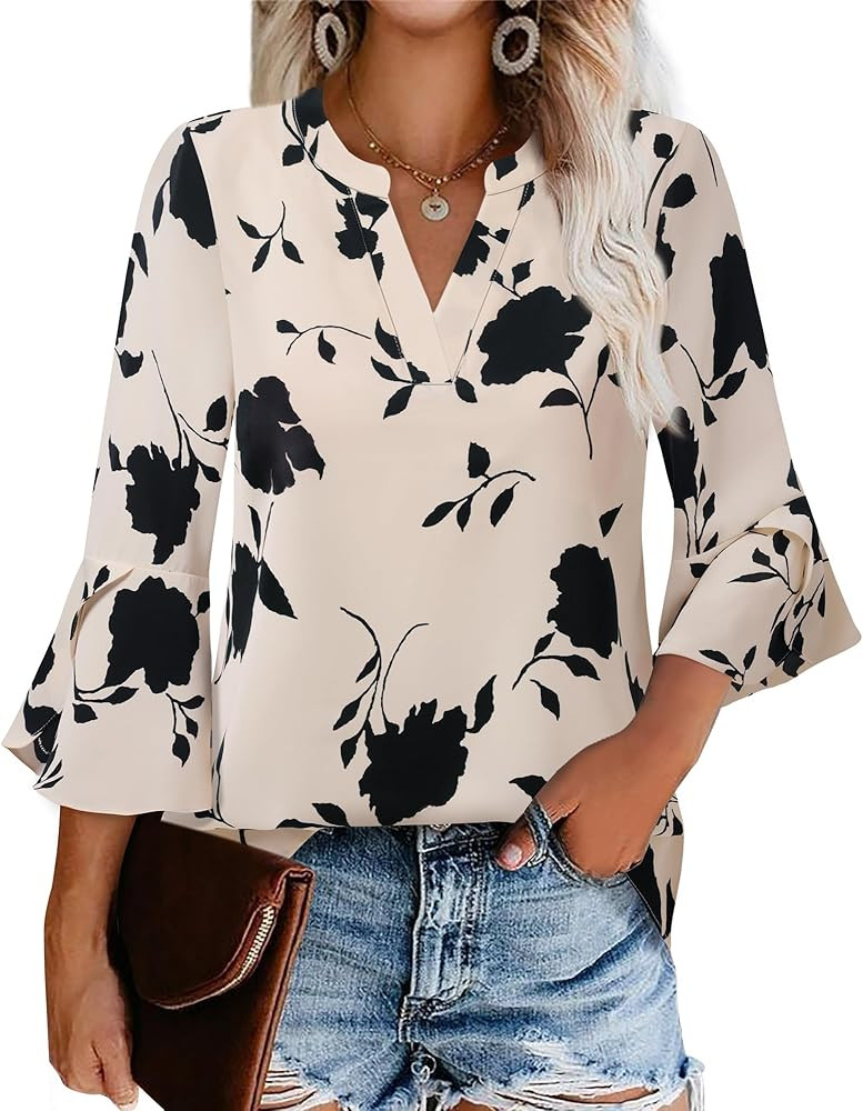 Gaharu Women's Work Blouses Ruffle 3/4 Sleeve Dressy Top V Neck Casual Chiffon Tunic Blouses Busi... | Amazon (US)