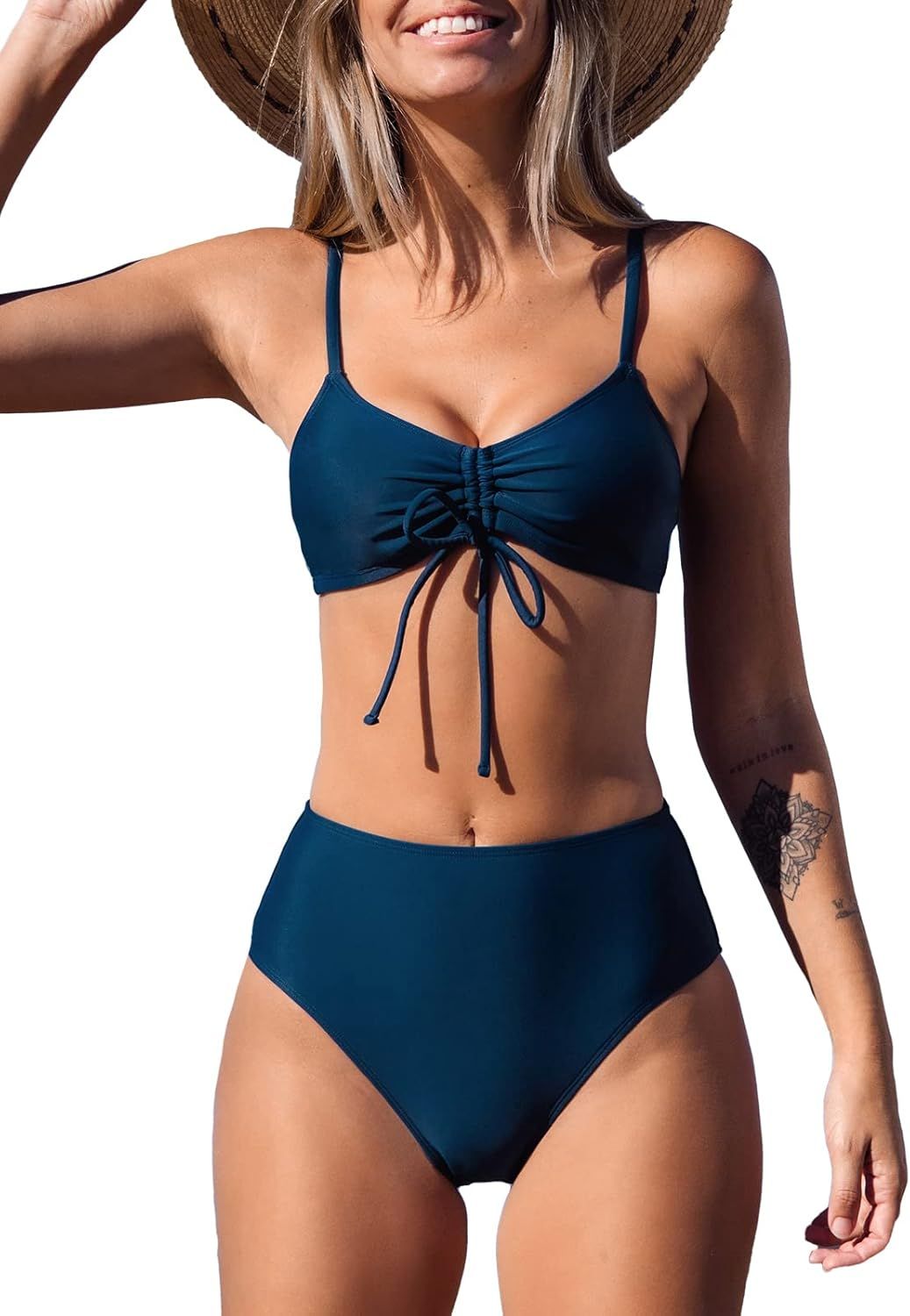 CUPSHE Women Cinch Front Bikini Swimsuit Drawstring High Waist Two Piece Bathing Suit | Amazon (US)