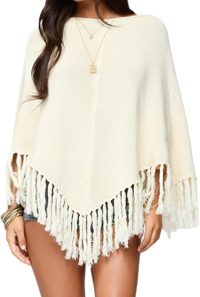 Argeousgor Women Tassel Poncho Sweater Y2K Knitted Pullover Poncho Shawl Lightweight Fringe Wrap ... | Amazon (US)