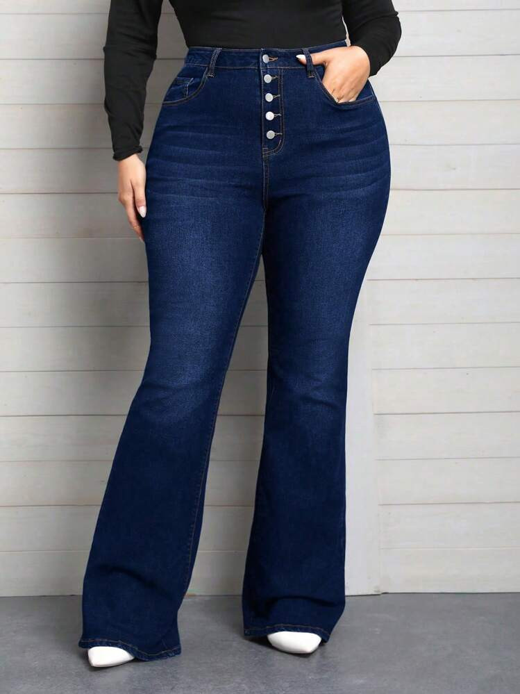 Plus Size Women's Elastic Waist Denim Skinny Flared Pants With Multiple Buttons | SHEIN