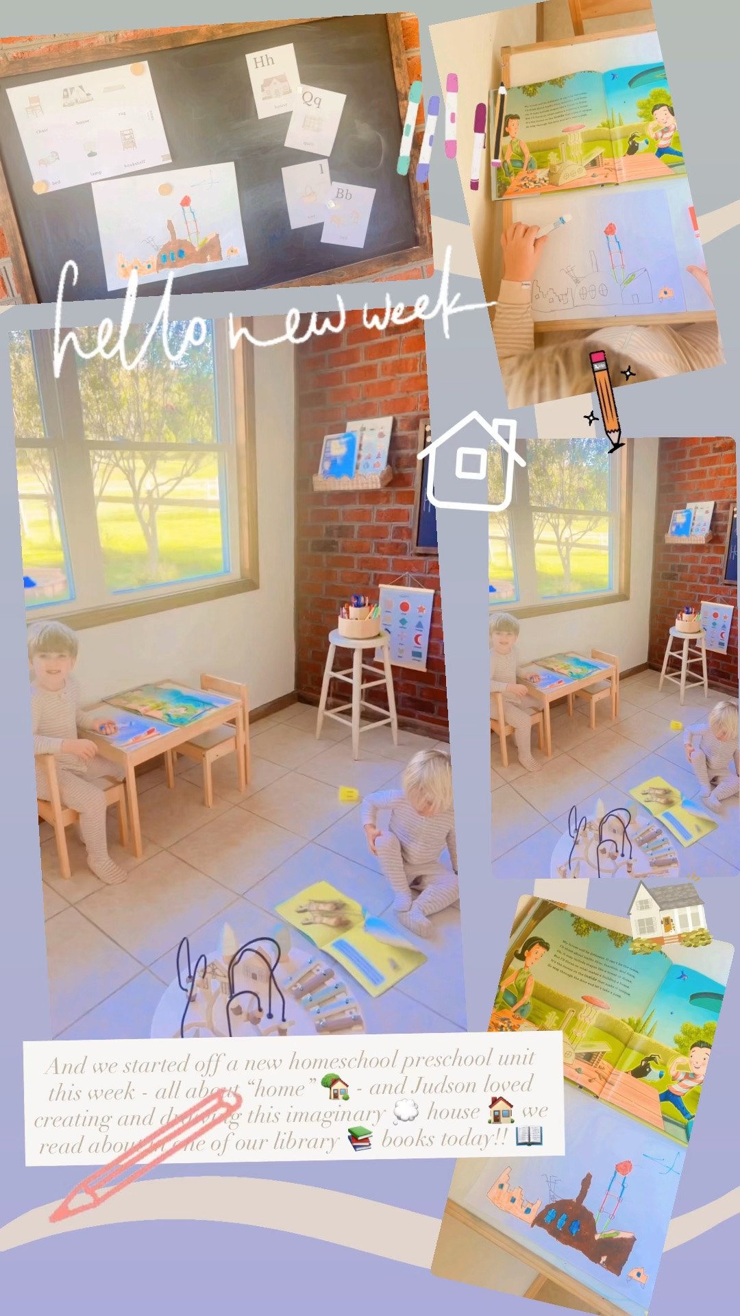 And we started off a new homeschool preschool unit this week - all about “home” 🏡 - and Judson loved creating and drawing this imaginary 💭 house 🏠 we read about in one of our library 📚 books today!! 📖