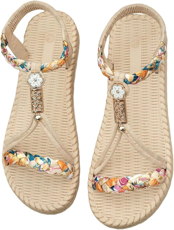 SweatyRocks Women's Floral Print Woven Sandals Open Toe Vacation Beach Flat Shoes with Ankle Stra... | Amazon (US)
