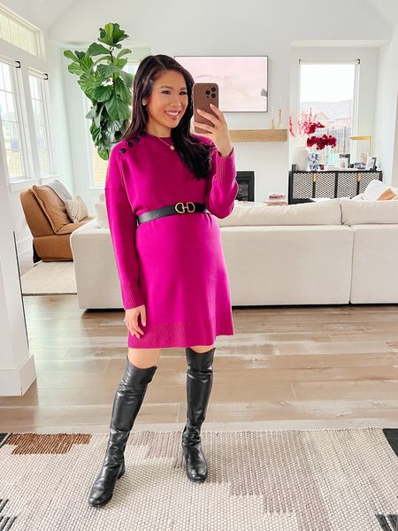 Fuchsia sweater dress for Valentine’s Day outfit and winter workwear. Love how this has a more boxy silhouette, which makes it maternity friendly. Added a belt and pairing with my favorite over the knee boots for weather and warmth. 

#LTKshoecrush #LTKstyletip #LTKbump
