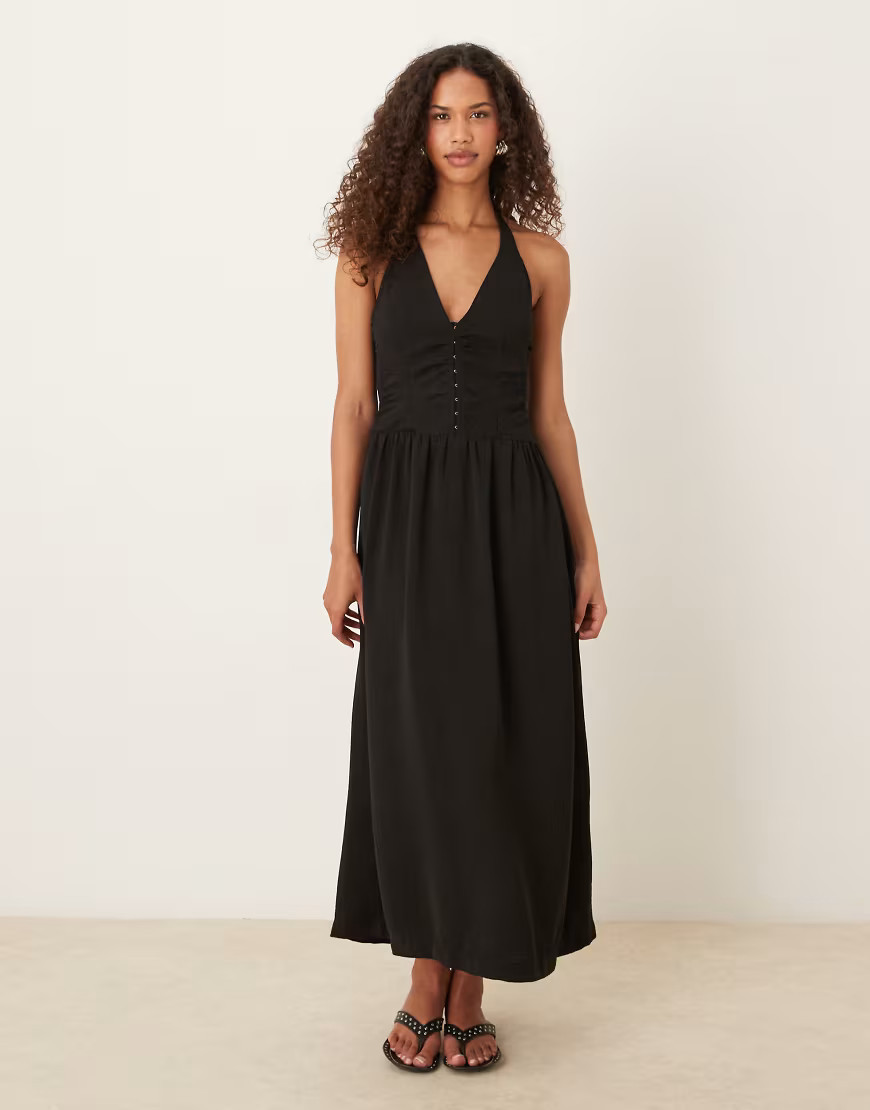 ASOS DESIGN halter neck maxi dress with corset inspired bodice in Black | ASOS (Global)