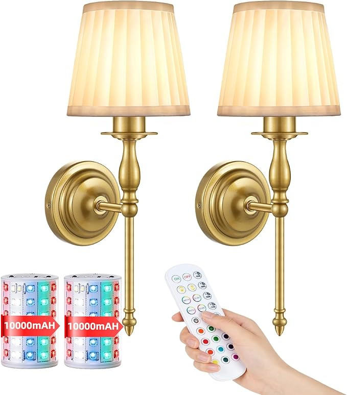 10000mAh Battery Operated Wall Sconce Set of 2,Rechargeable Wall Sconces set of Two,Vintage Gold ... | Amazon (US)