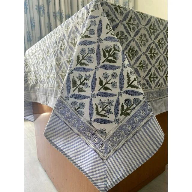 Light Steel Blue, Olive Green Hand Block Printed Cotton Tablecloth, Dining Table Cover Farmhouse ... | Walmart (US)