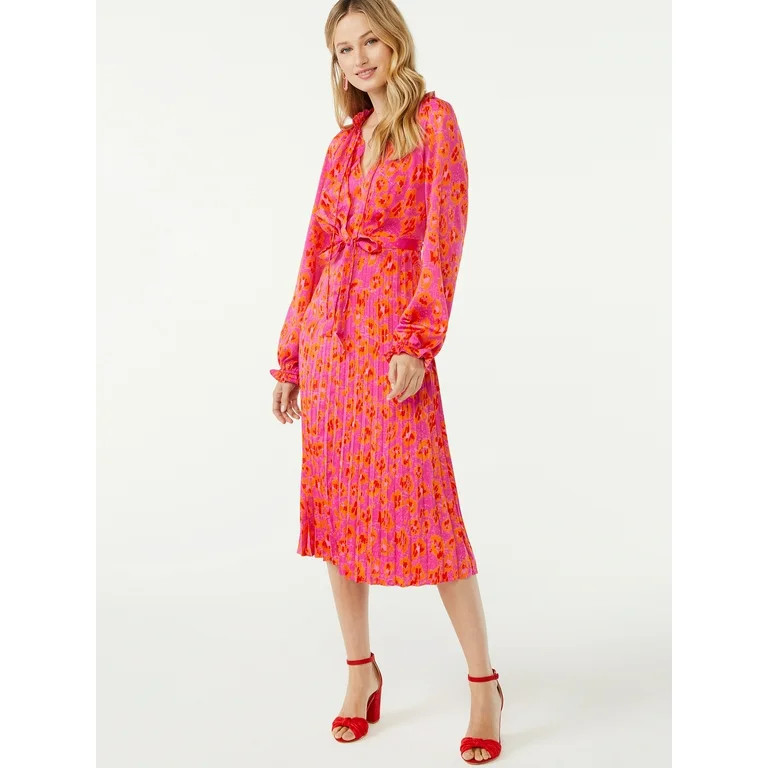 Scoop Women's Long Sleeve Split Neck Pleated Midi Dress | Walmart (US)