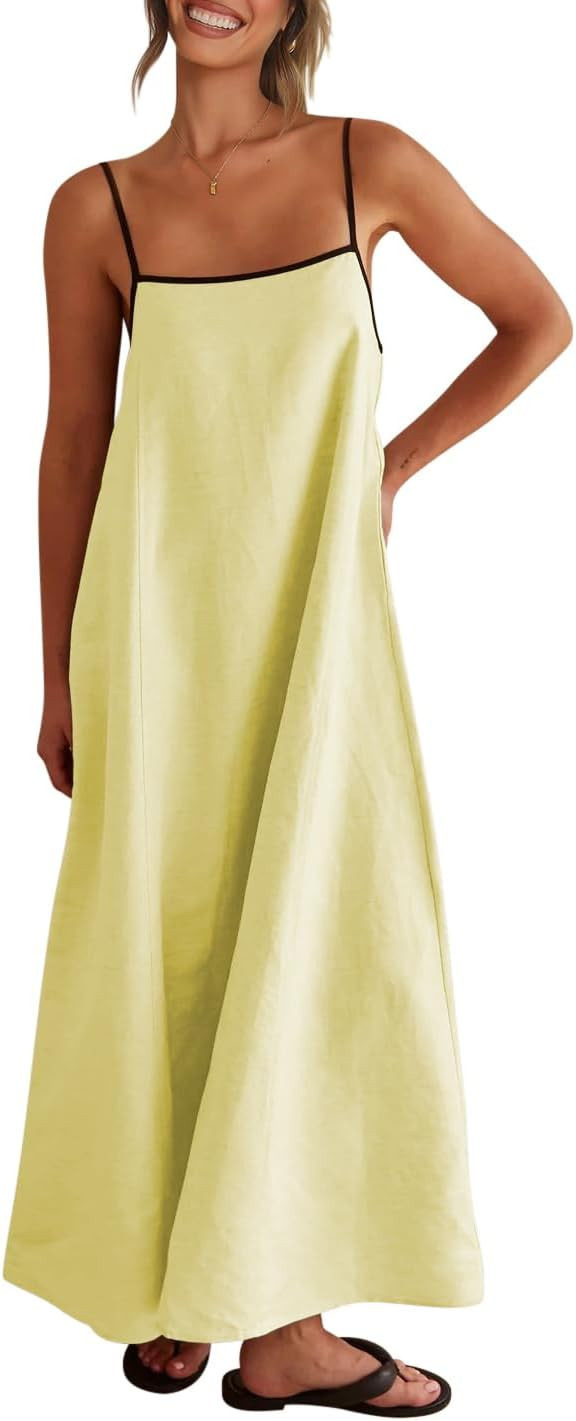 Shy Velvet Women's 2026 Summer Linen Maxi Dress Contrast Spaghetti Strap Dress Backless Casual Pa... | Amazon (US)