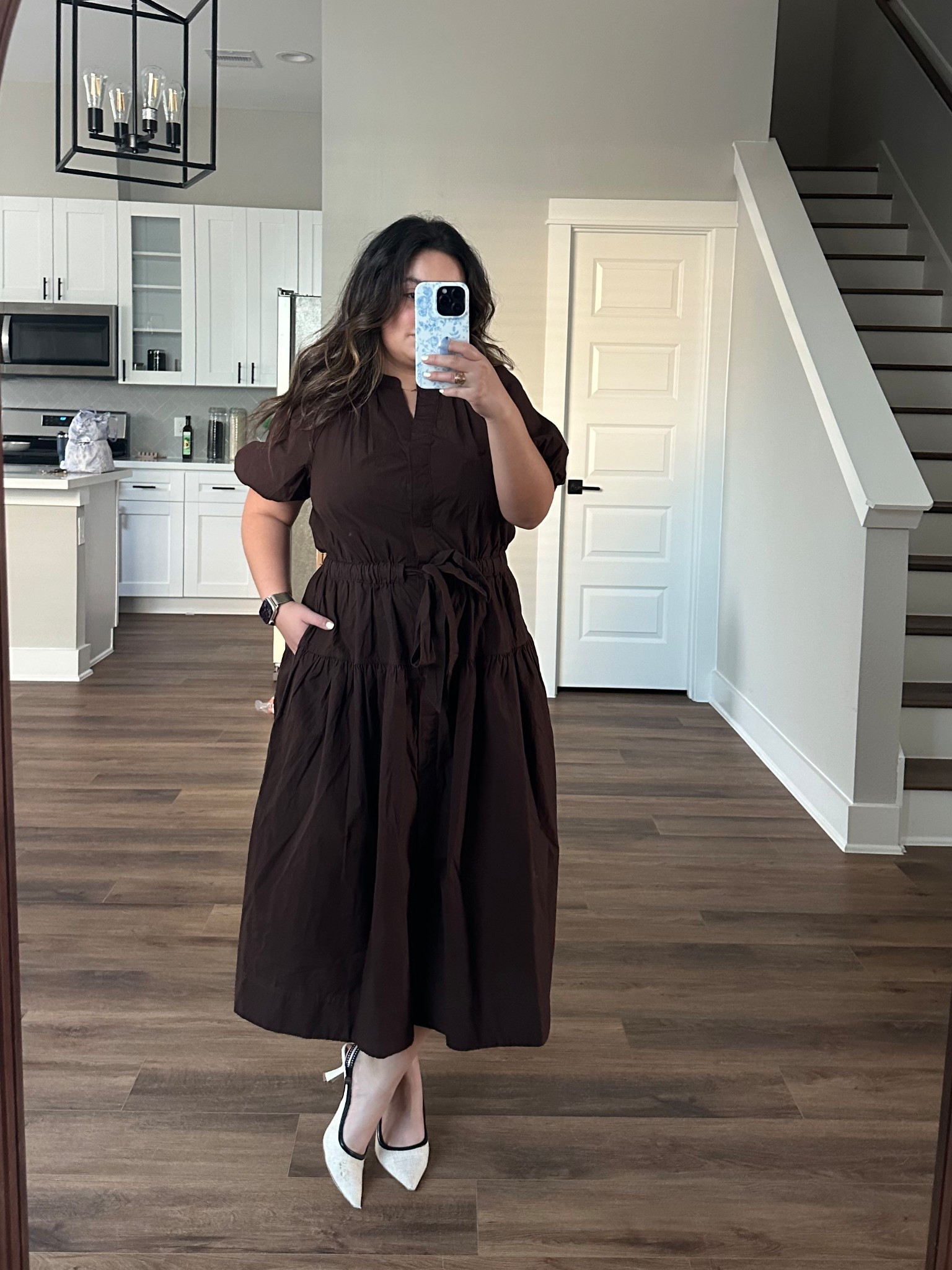 Brown midi dress with puff sleeves . Kitten summer heels. Corporate office look #falldress 

#LTKStyleTip #LTKShoeCrush #LTKFallSale