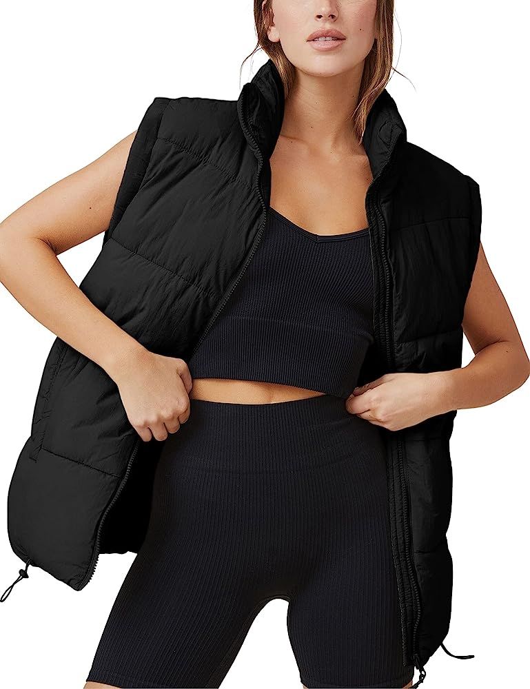 Watashi Women's Quilted Puffer Vest Stand Collar Fall Drawstring Zip Up Sleeveless Gilet Jacket | Amazon (US)