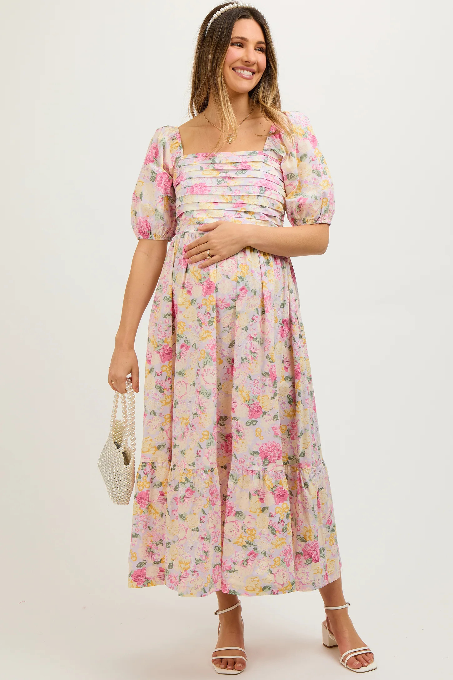 Lavender Floral Pleated Puff Sleeve Maternity Midi Dress | PinkBlush Maternity