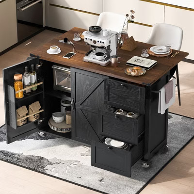 Kitchen Island with Drop Leaf, Power Outlet, Internal Storage Rack, Rolling Kitchen Cart on 5 Wheels with 5 Open Side Racks (Bar Stools Not Included) | Target