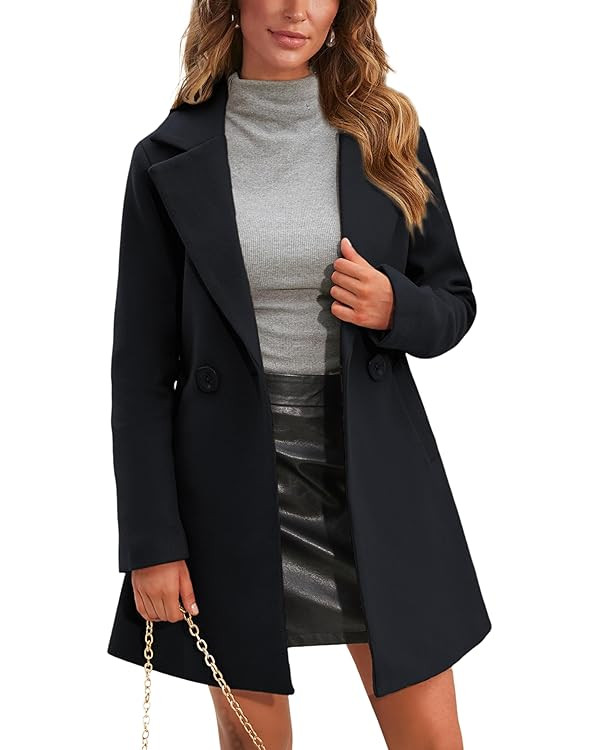 Springrain Women's Wool Pea Coat Notched Collar Double Breasted Midi Long Trench Coat Outwear | Amazon (US)
