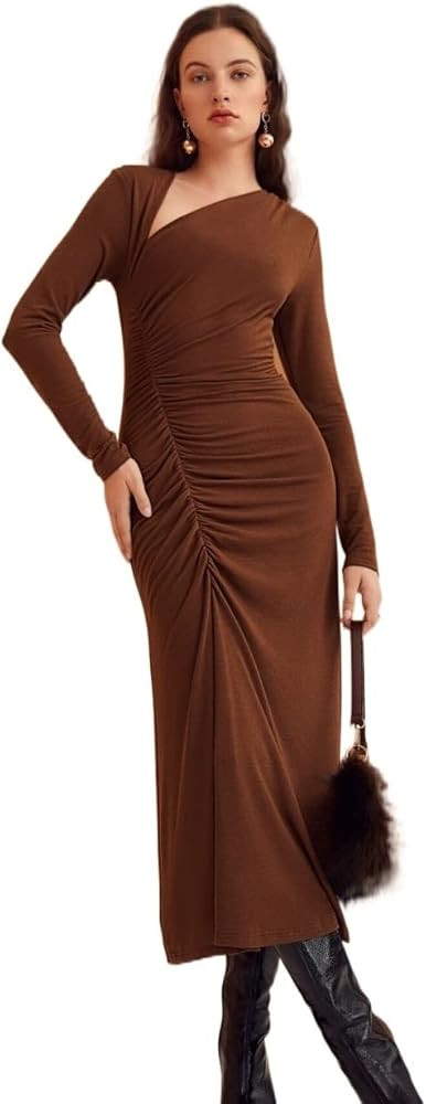 Womens Summer Deep V Neck Sexy Asymmetrical Neck Ruched Dress Short Dresses | Amazon (US)