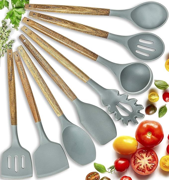 Home Hero Silicone Cooking Utensils Kitchen Utensil Set - 8 Natural Acacia Wooden Silicone Kitche... | Amazon (US)