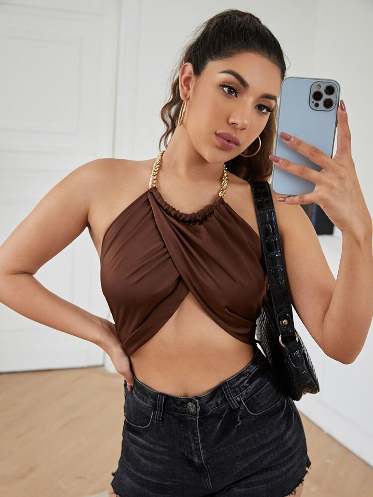 SHEIN Chain Halterneck Tied Backless Crop Top | SHEIN