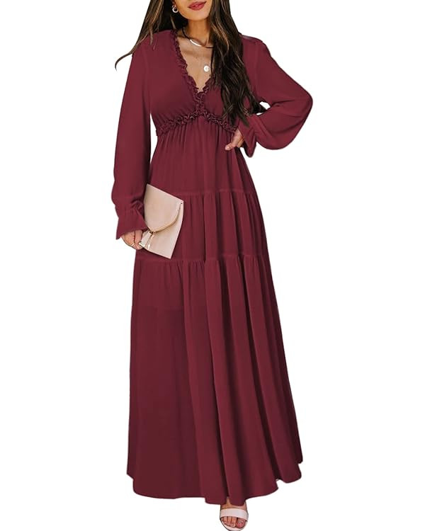 BLENCOT Womens Casual Floral Deep V Neck Long Sleeve Long Evening Dress Cocktail Party Maxi Weddi... | Amazon (US)