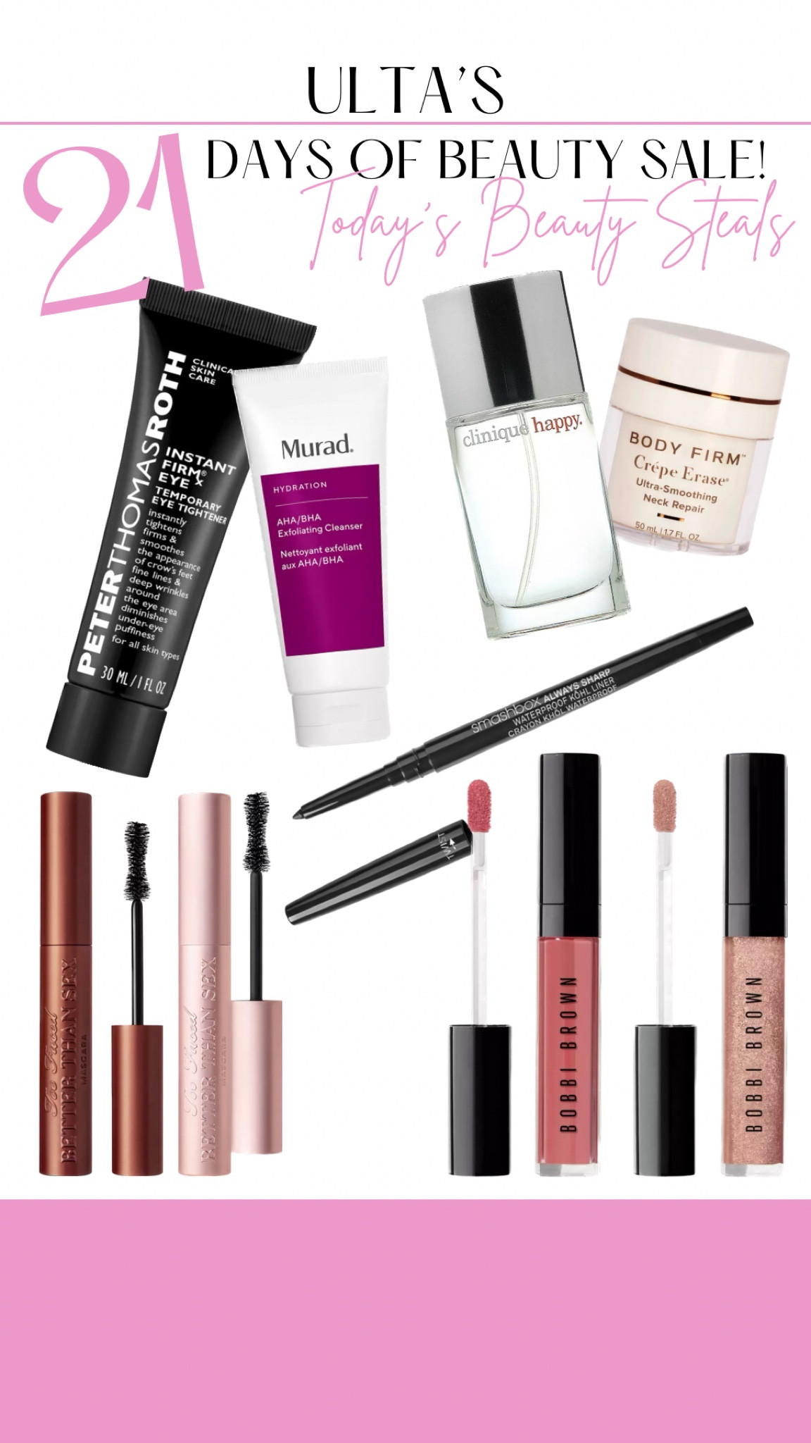 Ultra 21 days of beauty sale is still happening! 

Perfume, tightening cream, neck cream, eye cream, cleanser, mascara, liner, lip gloss

#LTKsalealert #LTKbeauty #LTKFind