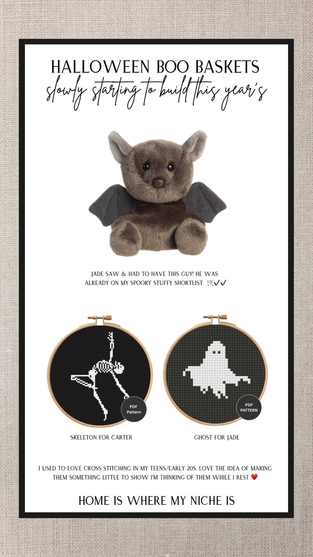 Slowly starting to build this year’s Halloween boo baskets 👻 Jade spotted this little bat and HAD to have him, he was already on my shortlist, so I ordered for both of them. 

I also decided to bring back a hobby I loved in my teens/early 20s: cross stitching! I love the idea of working on these little projects while I’m resting and making something special for each of them. A ghost for Jade 👻 + skeleton for Carter 💀 felt very them. 🖤

Linking everything I’ve picked out so far + the digital cross stitch patterns!

halloween boo baskets | kids halloween | boo basket ideas | halloween gifts for kids | cross stitch patterns | spooky season

#LTKcanada #LTKfall #LTKkids