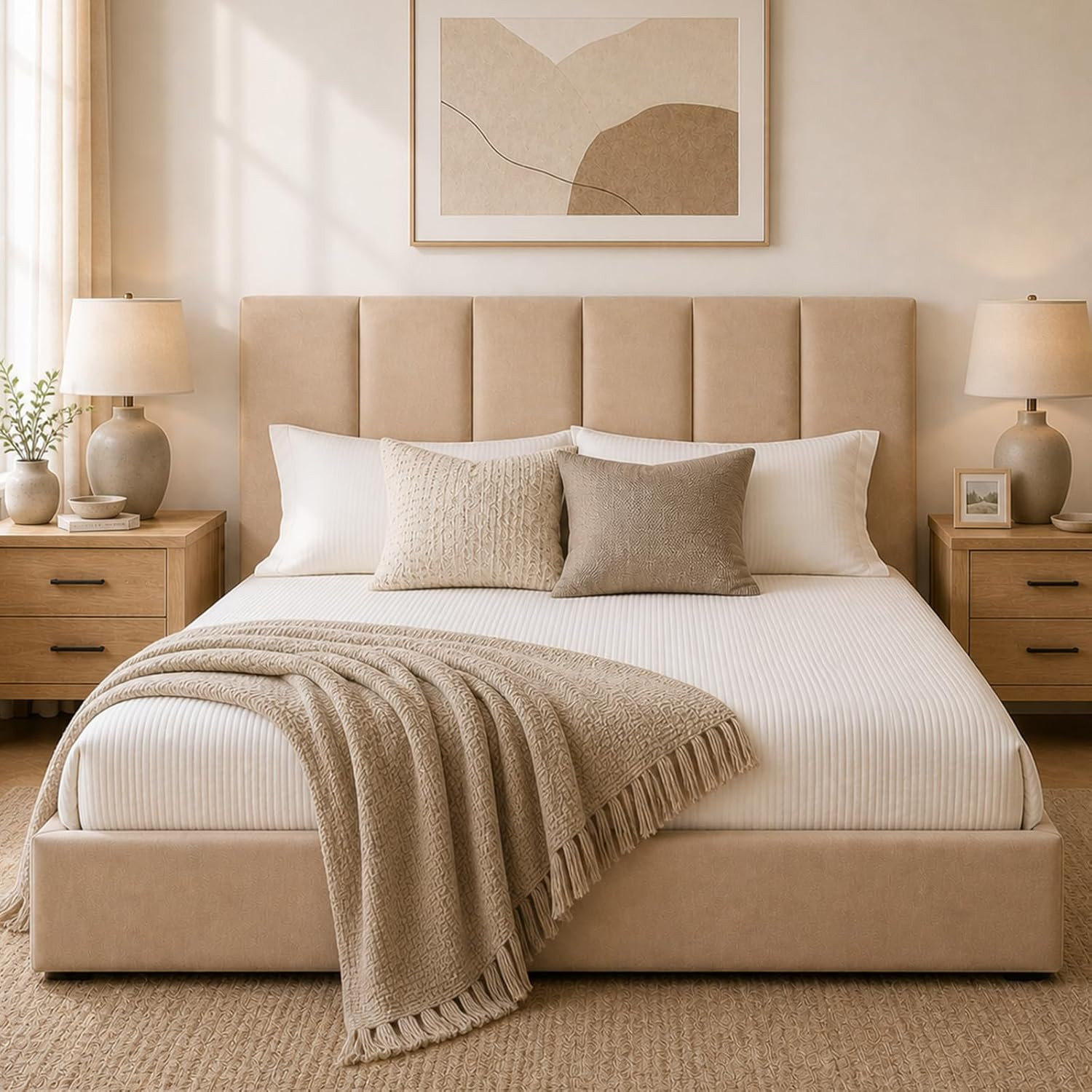 King Size Upholstered Lift-Up Storage Bed, Beige Linen-Look Fabric Bed Frame with Vertical Panel Headboard, Hydraulic Lift Storage, Wooden Slat Support, No Box Spring Needed | Amazon (US)