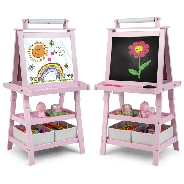 Costway Kids Art Easel Double Sided Chalkboard Magnetic Whiteboard with Storage Tray Pink | Walmart (US)