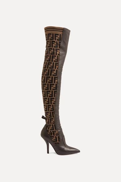 Fendi - Rockoko Logo-jacquard Stretch-knit And Leather Over-the-knee Boots - Brown | NET-A-PORTER (US)